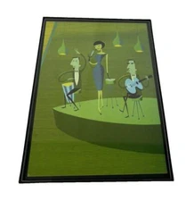 Shag Josh Agle Framed Art Card Lounge Act Brunette Singer Guitar Drum Groovy