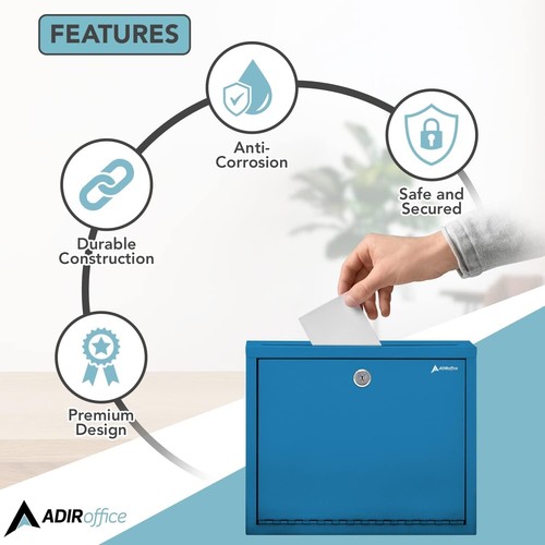 Modern Blue Suggestion Box with Key Lock & Drop Slot for Payments - 3x10x12 Inch - Picture 8 of 11