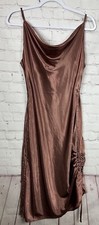 Sweet Generis Look My Way bronze satin midi length fitted dress, sz L, NWT