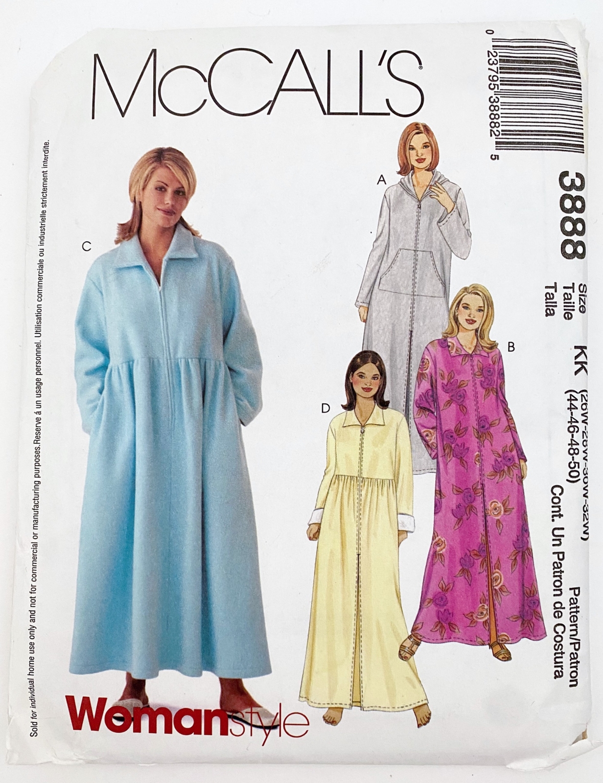 McCalls Pattern 3888 Womens Zip Front Robes 4 Styles Sz 26W-32W UNCUT ...
