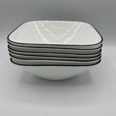 SET OF 6 Corelle Simple Lines Square 6 3/8'' Soup Cereal Bowls White w/Black Rim