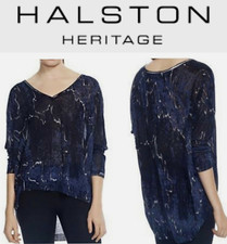Halston Heritage Deep V Neck Navy Blue Fine Knit High Low Tunic Sweater $295