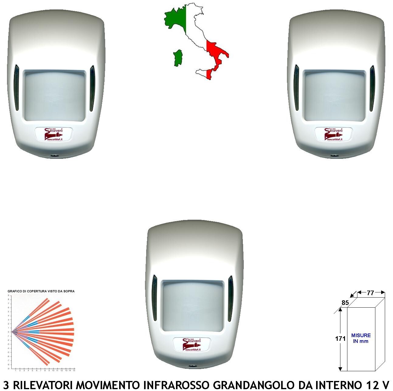 Rivelatore Movimento 15 MT Triplo Infrarosso 12V Antifurto Interno