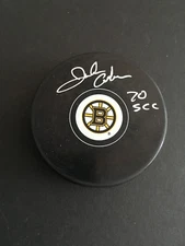 JOHN ADAMS AUTOGRAPHED BRUINS PUCK  "70 SCC"   INSC.   J.S.A. AUTHENTICATED