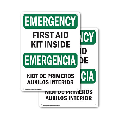 (2 Pack) First Aid Kit Inside Bilingual OSHA Emergency Sign Decal Metal Plastic