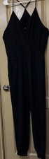 Black Sleeveless V-Neck Jumpsuit, Spaghetti Straps, Drawstring Waist, 2 Pockets.