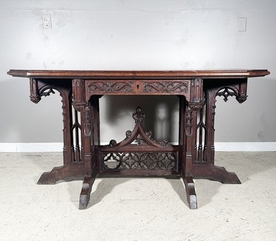Antique French Gothic Revival Desk Library Table in Oak Wood | eBay