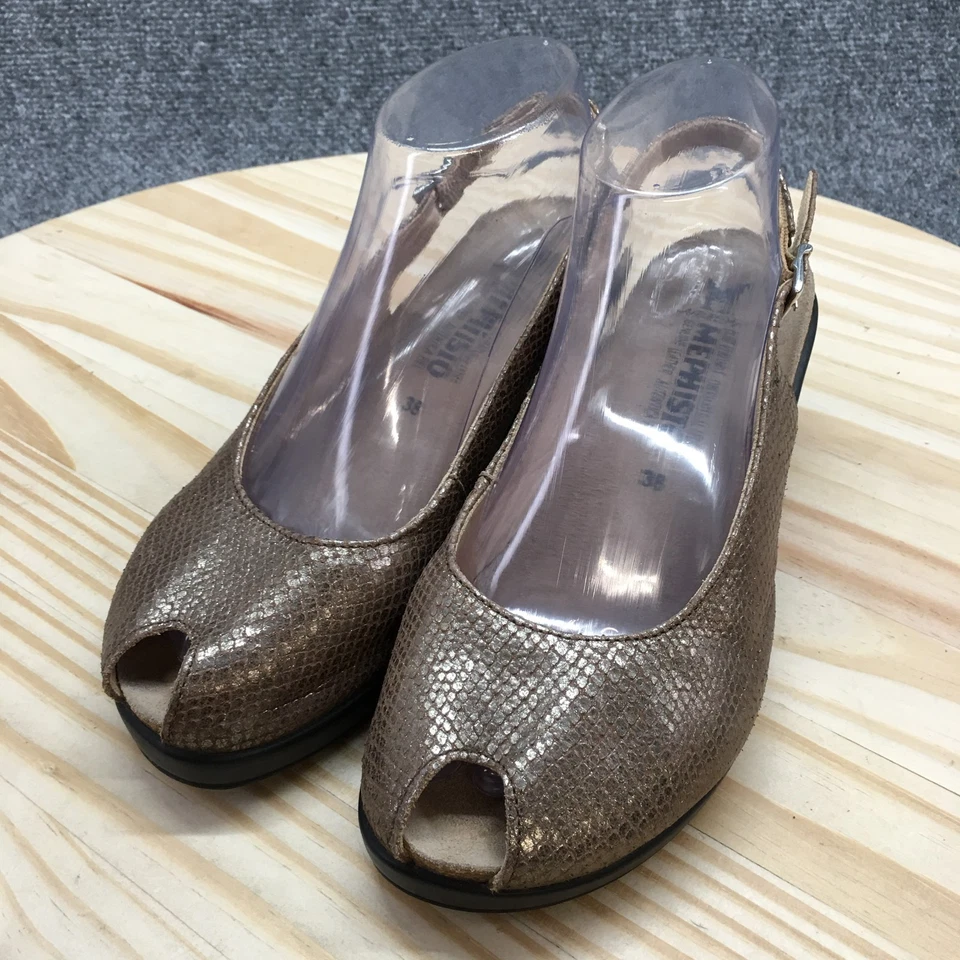 Mephisto Sandals Womens 38 Slingback Beige Leather Peep Toe Slip On Wedge Heels - Image 3 of 4