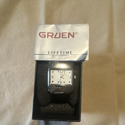 Gruen Vintage Quartz Rectangle Watch 28mm Silver Case Black Bracelet w Box