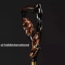 Hand craved bear gazelle handle wooden walking cane walking stick best gift