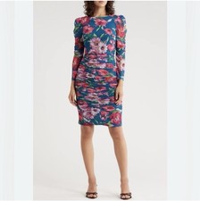 ELIZA J Floral Mesh Boat Neck Puff 3/4 Sleeve Chandelier Dress Size 12 NWT