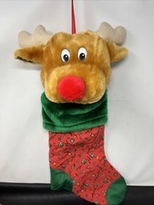 Vintage Plush Rudolph Reindeer Christmas Stocking 18" Red Green
