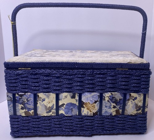 Kit de recuerdo de nociones de cesta de costura de mimbre vintage abuela elegante floral azul grande - Imagen 9 de 24