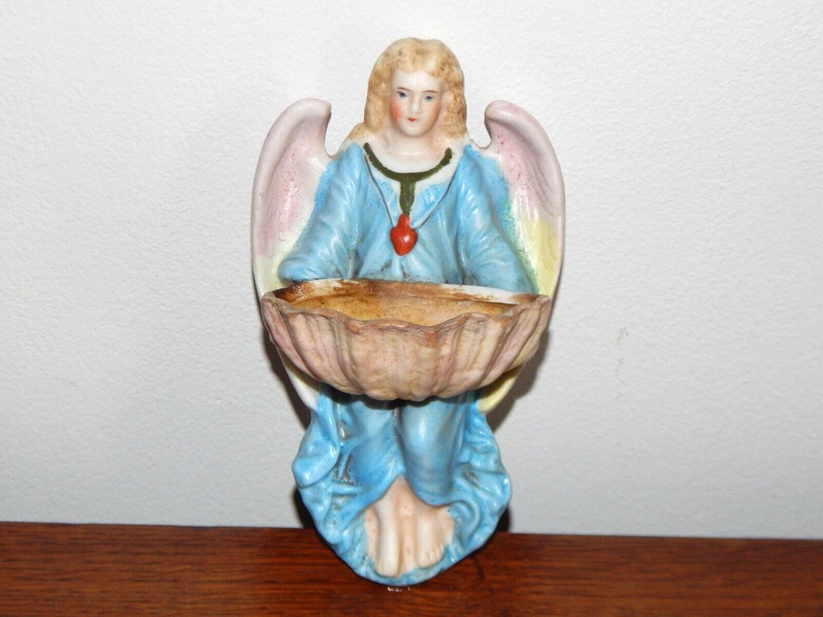 Petit Bénitier Mural Ancien En Biscuit Peint - Angelot Ange - 10,3 X 6 Cm