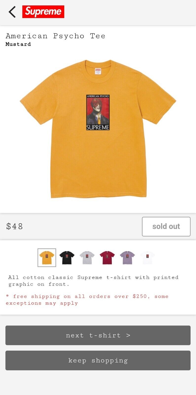 SUPREME AMERICAN PSYCHO TEE - MUSTARD - SIZE XL - ORDER IN HAND!!! - SOLD OUT!!!