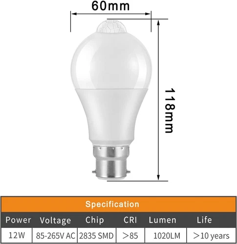 1-4PCS B22 Smart PIR Motion Sensor LED Bayonet Light Bulbs 12W 6000K Auto On/Off - Picture 7 of 16