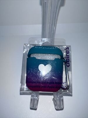 NEW) Claire's AirPod Case- Teal and Purple withe Heart Design with