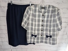 Vintage Jenny Misses Made In USA Plaid 2pc Skirt/Jacket Set Navy/White Size 18