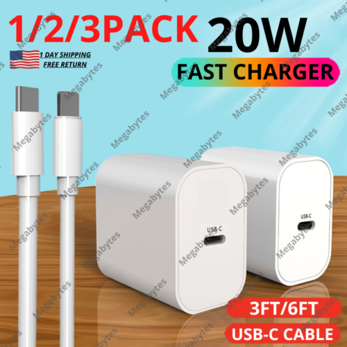 1/2/3X For iPhone 14 13 12 11 Pro Max Fast Charging 20W USB-C Plug Charger Cable - Afbeelding 1 van 21