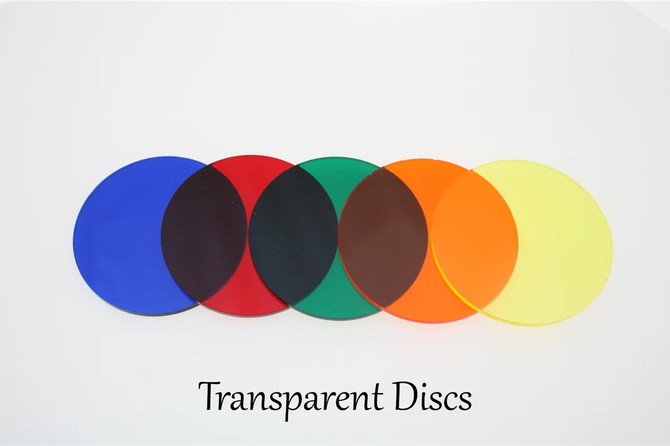 Transparent Acrylic Discs Lasercut sizes 20mm to 600mm diameter, 8 colours