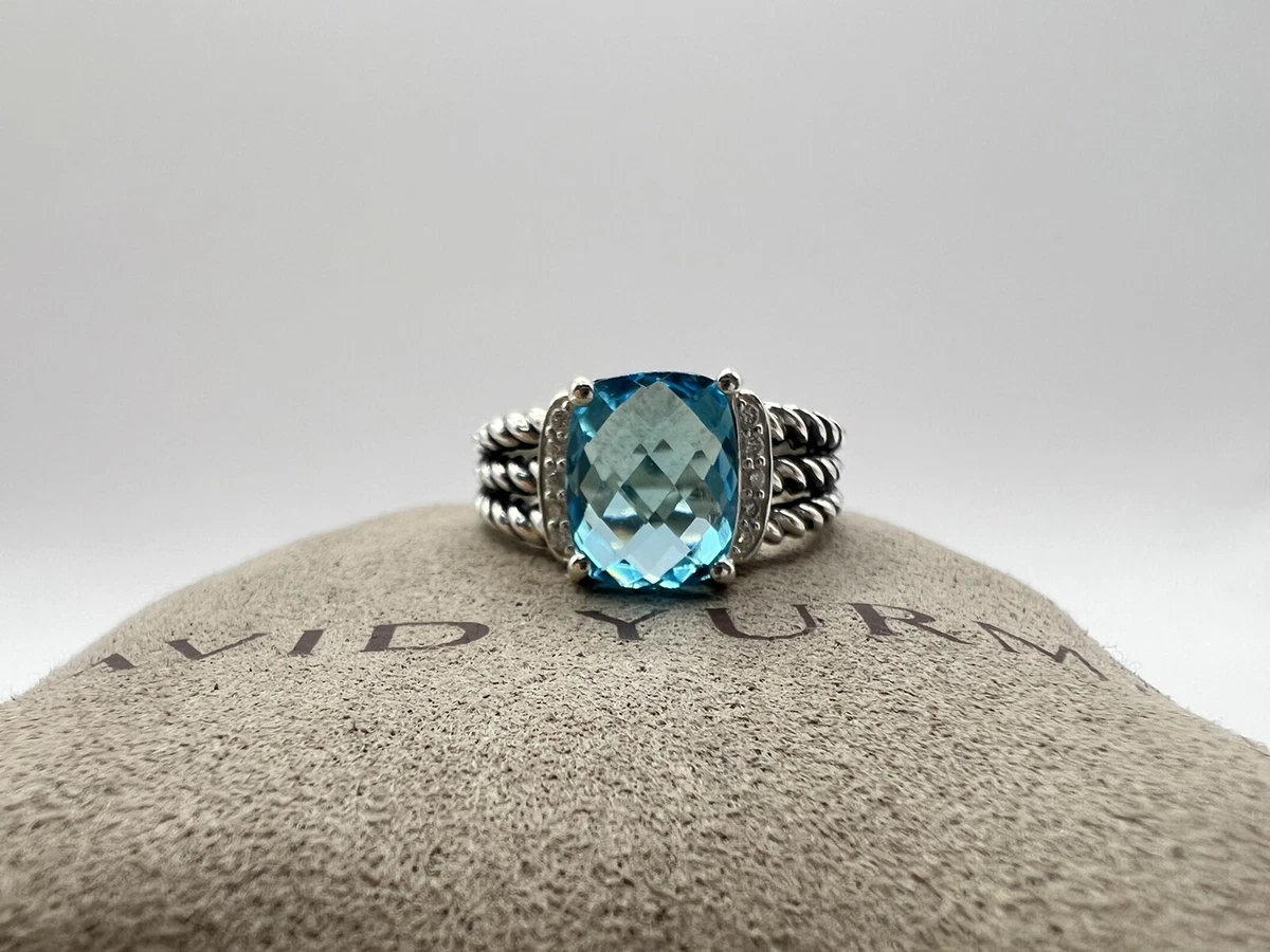 David Yurman Petite Wheaton Ring with Blue Topaz and Diamonds Size