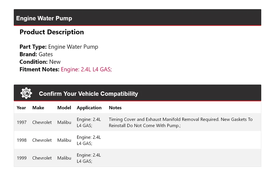 Portões de bomba de água 1998 motor Chevrolet Malibu 2.4L L4 GAS 1997-1999 - Imagem 2 de 4