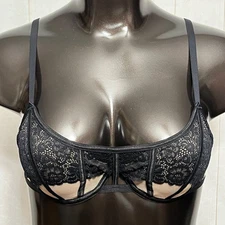 Adore Me 40B Unlined Mesh Lace Burlesque Underwire Balconette Bra Black