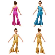 Kids Girls Costume Stage Performance Metallic Bell-bottom Dancewear Sparkly
