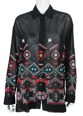 ERMANNO SCERVINO Black Cotton Blend Voile Multicolor Embroidered Blouse 44
