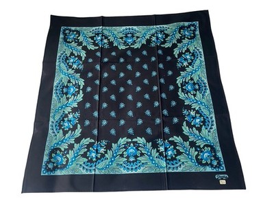 French Les Olivades Black Blue Floral Rose Paisley Cotton Fabric Scarf 80 cm Sq.