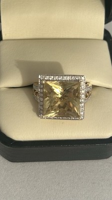 Huge Lemon Crystal Diamond 14k Ring with Intricate Details Size 7