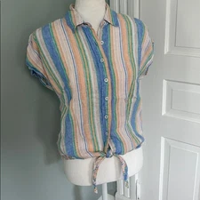 Talbots Multicolor Striped Button Down Shirt Tie Front Linen XS