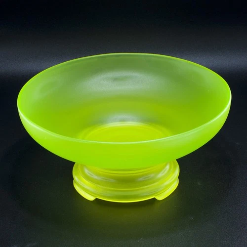 Tiffin Canary Glass Satin Pedestal Bowl 1920s Art Deco UV Glow 5.25" Good Cond