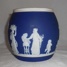 Antique Dark Blue Jasperware Large Size Barrel Putti Women Trees Flowers