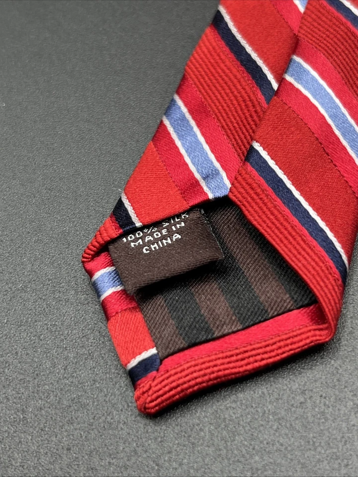 BLACK BROWN 1826 Men's 100% Silk Tie Red White Navy Blue Striped Necktie - Image 4 of 4