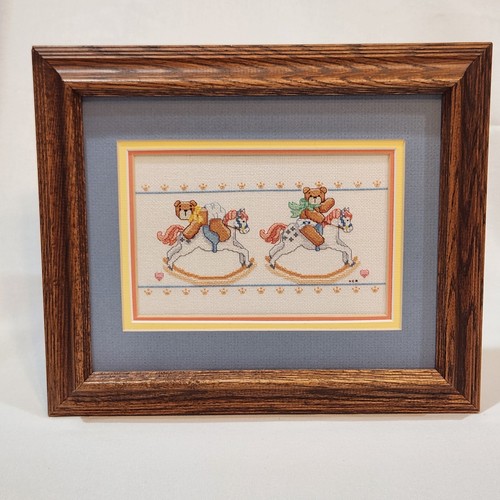 VTG Framed Cross Stitch Teddy Bears Rocking Horses Cottagecore Nursery Decor