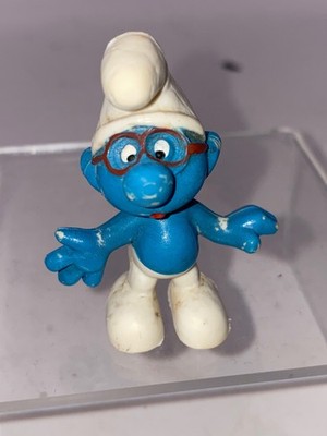 Peyo Brainy Schlumpf Figur Vintage PVC 3cm blau Gläser abgebrochene Farbe gemarkt PEYO