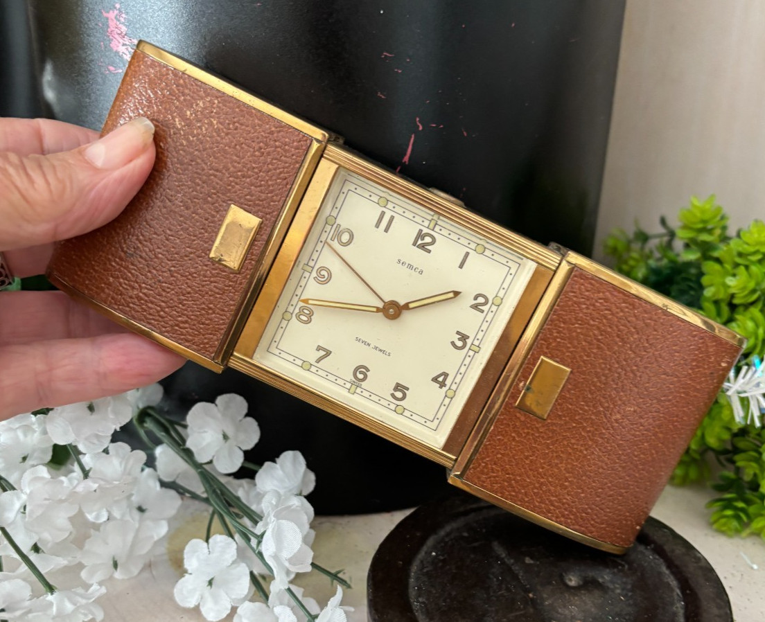 Vintage SEMCA SWISS Convertible TRAVEL ALARM CLOCK Sliding COVER Leatherette