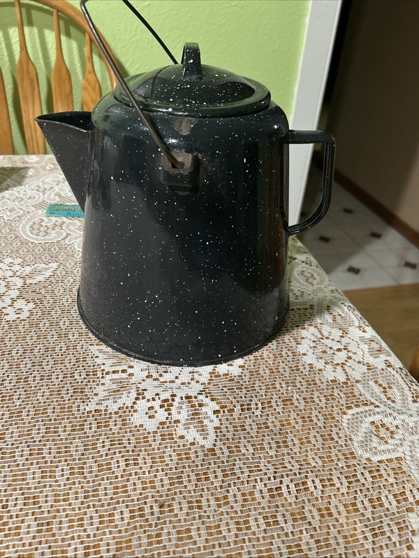 VINTAGE Enamel Dark Blue White speckled stove top camping coffee pot 9" W/ Lid