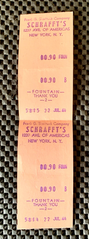 SCHRAFFT'S CANDY STORE SALES RECEIPT AVENUE OF THE AMERICAS NEW YORK CITY 1964