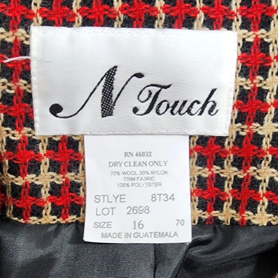 Chaqueta Blazer Vintage Años 90 N Touch Para Mujer 16 Rojo Negro Mezcla de Lana a Cuadros Preppy Foto 3 de 4