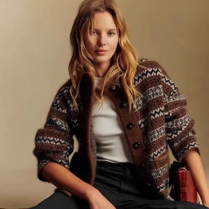 Sezane autumn/winter wool blend geometric jacquard short jacket
