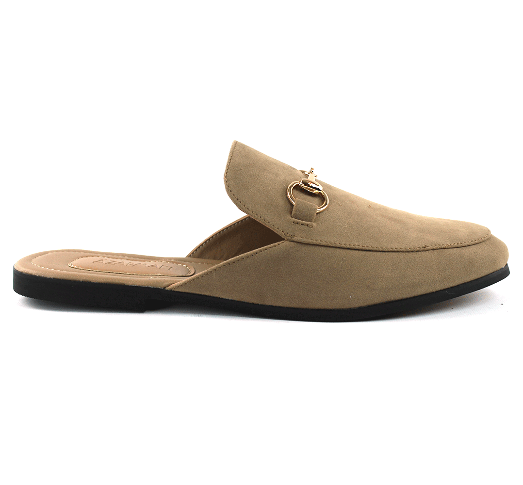 PANTOFOLA D’ORO Mens Tan Suede Backless Slip On Mule con mocassini con fibbia in oro di AZAR MAN