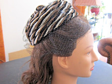 Vtg 1940's 50's Pillbox Tan/White/Black Swirl Hat w/Netting  Top Bow