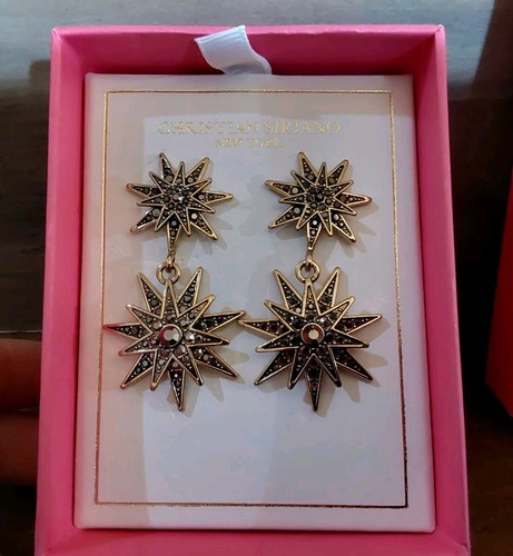 Christian Siriano New York Double Starburst Dangle Earrings Copper Brown 2.25'' - Picture 3 of 3