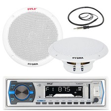 Pyle Black 300W USB Marine AM FM Radio, 6.5" Black 120W Marine Speakers, Antenna