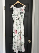 White House Black Market Wrap Dress White Floral Hi Lo Fairy Whimsical Sz 12 NWT