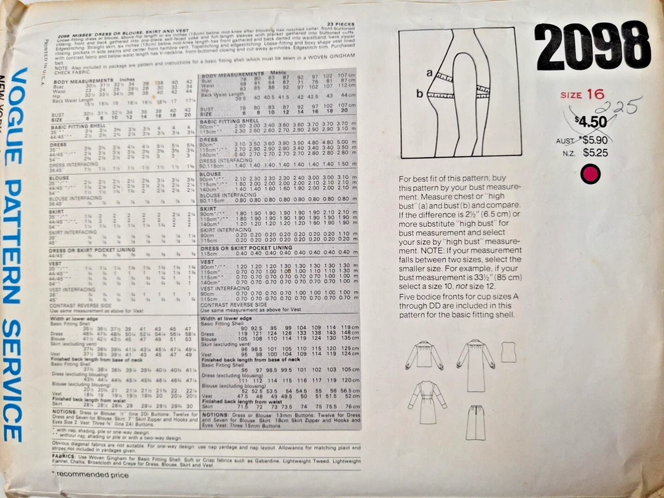 Vogue 2098 Dress Blouse Skirt Vest Sewing Pattern Ladies 16 UC VTG Straight Easy - Image 4 of 4