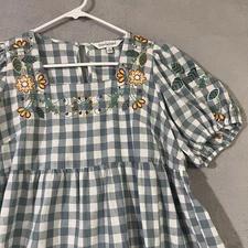 Davi & Dani Embroidered Top Green Gingham Womens Sz S Babydoll Cottage