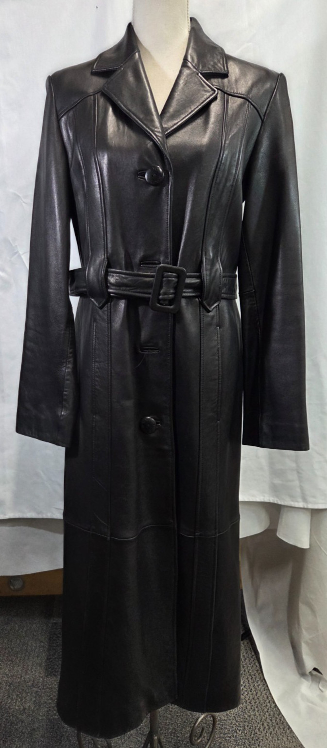 Jones New York Genuine Leather Trench Coat Women M Black Long Belted Button